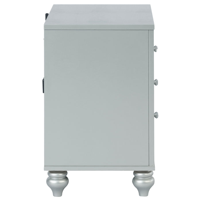 Silver metallic Gunnison 2-drawer nightstand by CoasterEssence featuring modern furniture design and sleek hardware.