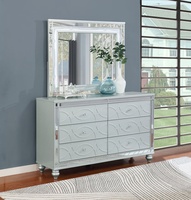 Silver metallic Gunnison 6-drawer dresser with matching mirror, modern furniture piece from CoasterEssence.