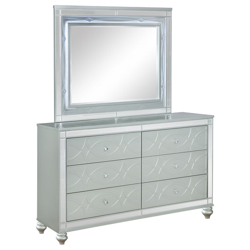 CoasterEssence Gunnison silver metallic 6-drawer dresser with matching mirror, modern furniture with sleek design and metallic finish.