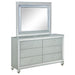 CoasterEssence Gunnison silver metallic 6-drawer dresser with matching mirror, modern furniture with sleek design and metallic finish.