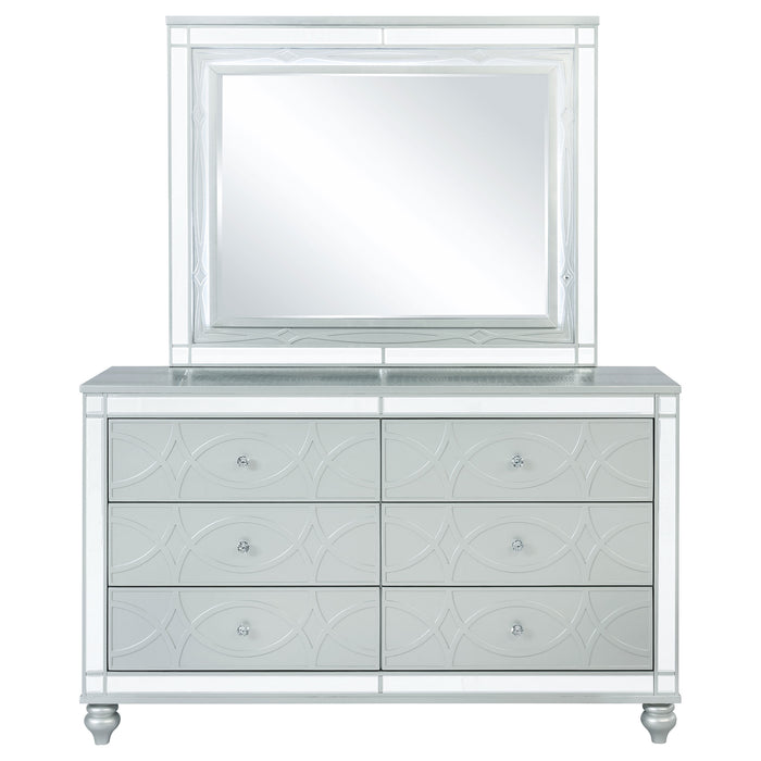 Silver metallic Gunnison 6-drawer dresser with attached mirror from CoasterEssence furniture collection.