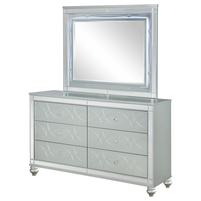 CoasterEssence Gunnison 6-drawer dresser with silver metallic finish and attached mirror, modern furniture for bedroom storage.