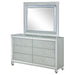 CoasterEssence Gunnison 6-drawer dresser with silver metallic finish and attached mirror, modern furniture for bedroom storage.