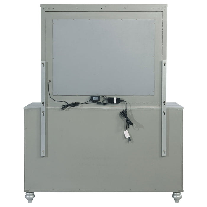 Silver metallic Gunnison 6-drawer dresser with matching mirror from CoasterEssence, showcasing sleek furniture design and storage space.