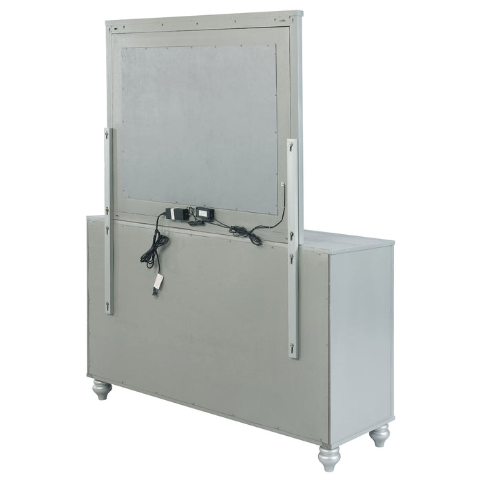 CoasterEssence Gunnison 6-drawer dresser with attached mirror in sleek silver metallic finish, showcasing modern bedroom furniture.