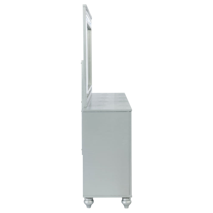 CoasterEssence Gunnison silver metallic 6-drawer dresser with attached mirror, modern furniture for bedroom storage and style
