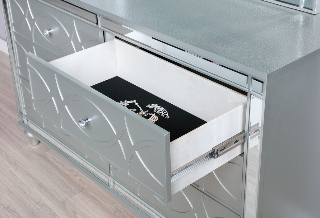 Silver metallic Gunnison 6-drawer dresser with attached mirror, featuring sleek modern furniture design by CoasterEssence.