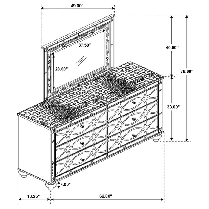 Silver metallic Gunnison 6-drawer dresser with attached mirror from CoasterEssence, showcasing sleek furniture design and modern style.
