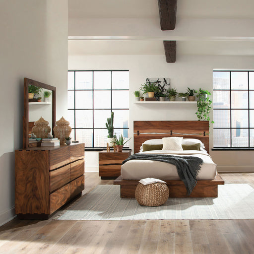 Winslow 4-piece California King bedroom set by CoasterElevations in smokey walnut finish, includes bed frame, nightstands, and dresser.