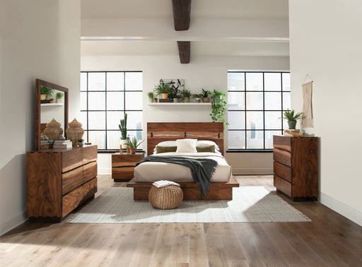 Winslow 5-piece Queen bedroom set by CoasterElevations featuring smokey walnut finish, includes bed frame, nightstands, and dresser.