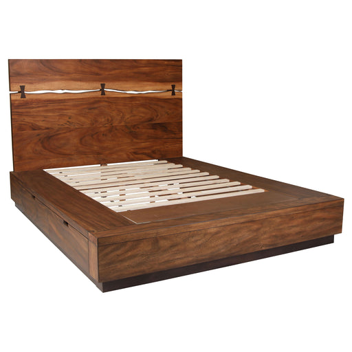 Eastern King storage panel bed in Smokey Walnut wood with clean lines and a contemporary design from CoasterElevations.