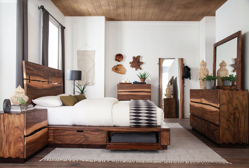 Winslow 4-piece queen bedroom set by CoasterElevations featuring smokey walnut wood finish and modern bedroom furniture design.