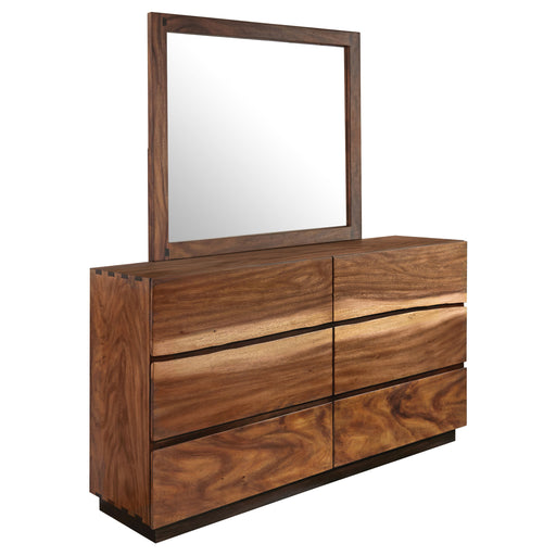 Winslow 6-drawer dresser with mirror in smokey walnut, showcasing sleek wooden furniture with metal drawer handles.