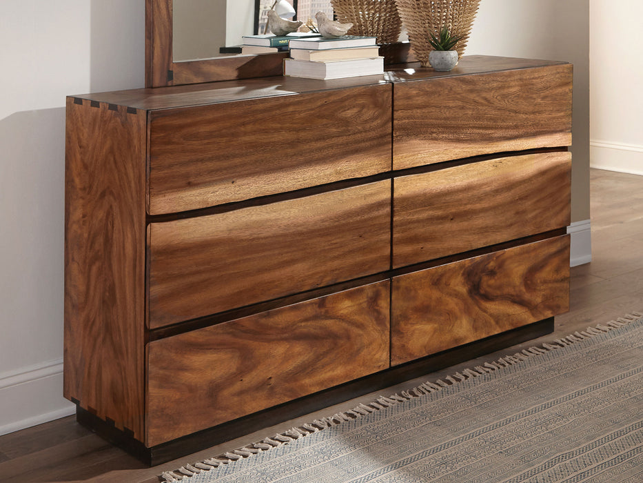 Winslow 6-drawer dresser in smokey walnut wood with sleek metal handles, showcasing modern bedroom furniture design.