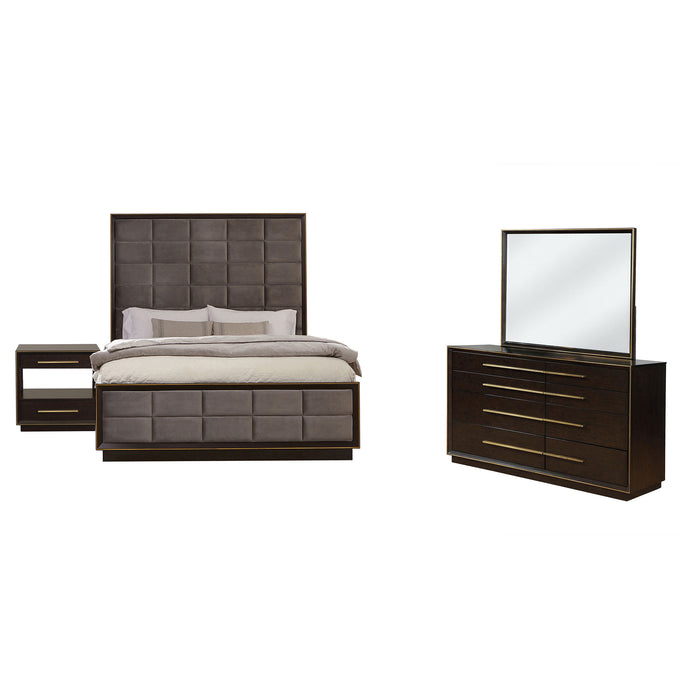 Durango 4-piece California King bedroom furniture set by CoasterElevations in smoked peppercorn finish, includes bed, nightstands, and dresser