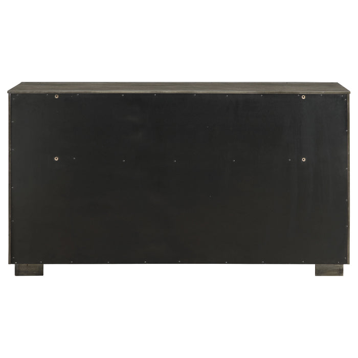 Durango 8-drawer dresser in taupe oak finish, coasters, and sleek wooden furniture design.