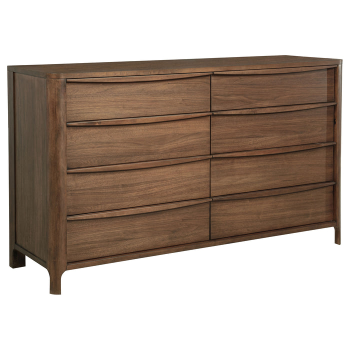 Walnut Madeira 5-piece Eastern King bedroom furniture set by CoasterEveryday, includes bed frame, nightstands, and dresser.