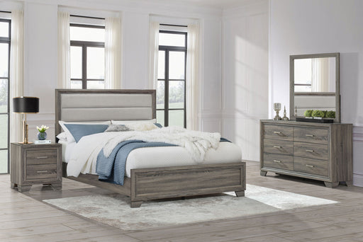 CoasterEveryday Wright brown oak California king bedroom furniture set includes a bed frame and matching pieces in a modern design.