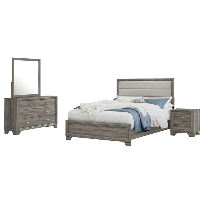 Brown oak Wright 4-piece California King bedroom furniture set by CoasterEveryday, including bed frame and matching storage pieces.