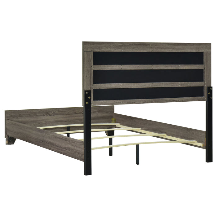 Brown oak Wright 4-piece California King bedroom furniture set by CoasterEveryday, includes bed frame, nightstands, and dresser.