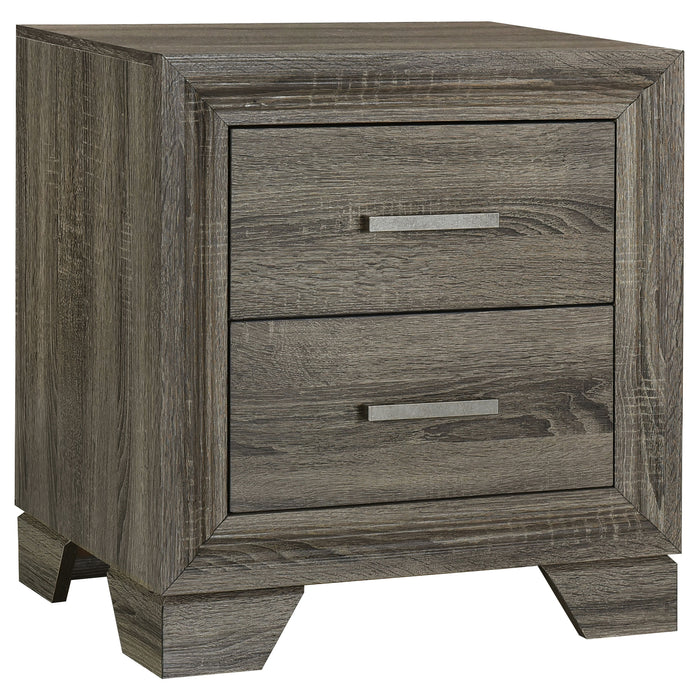 Brown oak Wright 4-piece California King bedroom furniture set by CoasterEveryday, includes bed frame, dressers, and nightstands.