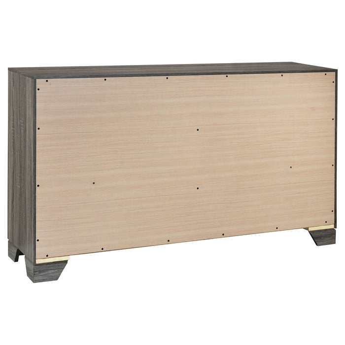 Wright 4-piece California King bedroom furniture set by CoasterEveryday in warm brown oak finish, includes bed, dresser, and nightstands.