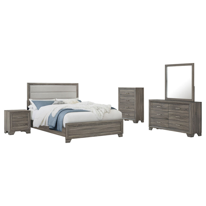 Brown oak Wright 5-piece queen bedroom furniture set by CoasterEveryday, including bed frame, nightstands, and dresser.