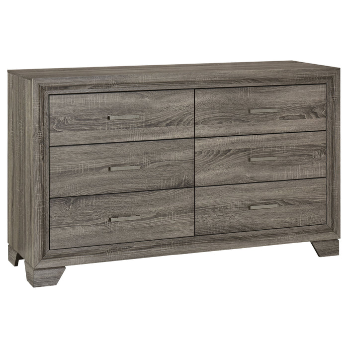 Brown oak Wright 5-piece queen bedroom set by CoasterEveryday, includes bed frame, nightstands, and dresser with modern design.