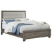 Brown oak upholstered Queen bed from Wright by CoasterEveryday featuring a padded headboard and wooden frame.