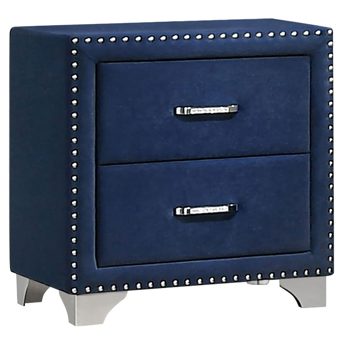 Melody 4-piece Eastern King bedroom set by CoasterEveryday includes a blue bed frame, matching nightstands, and dresser in Pacific Blue.