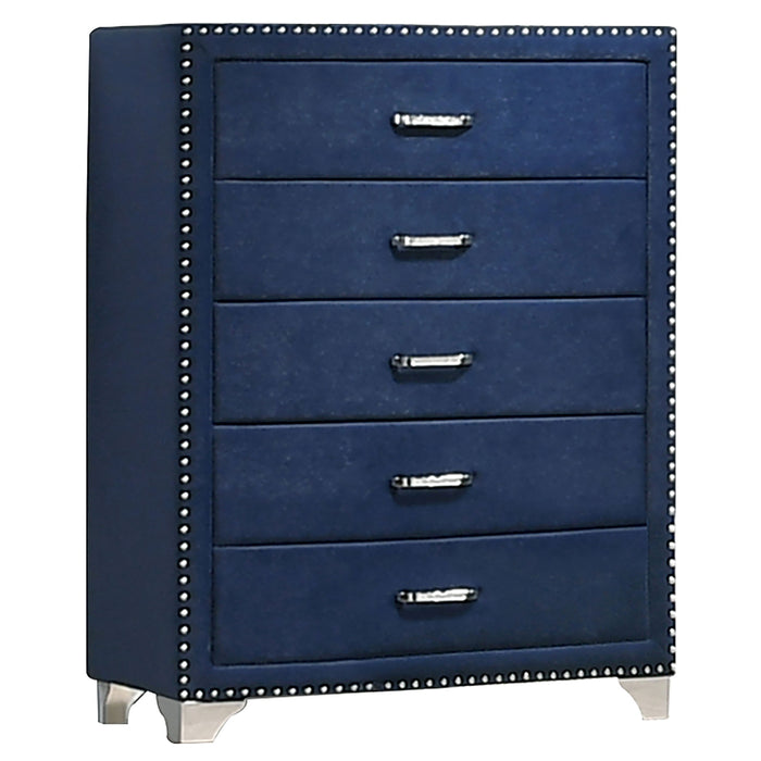 Melody 4-piece Eastern King bedroom set in Pacific Blue, including bed frame, nightstands, and dresser, by CoasterEveryday.