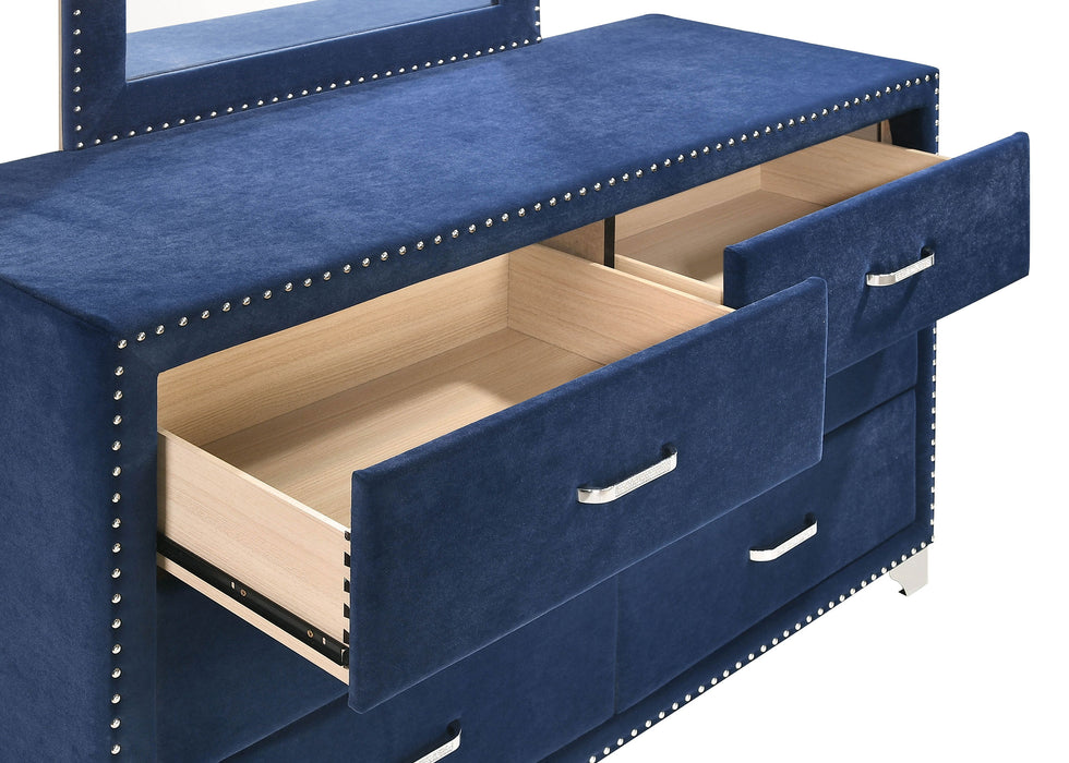 CoasterEveryday Melody 4-piece Eastern King bedroom set in Pacific Blue with matching headboard, dresser, and nightstands.