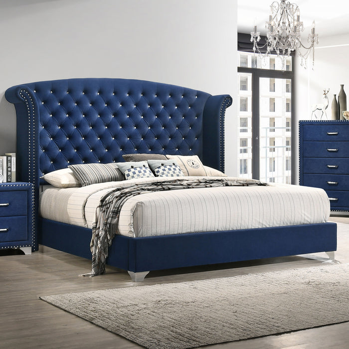 Eastern King Wingback Bed in Pacific Blue with upholstered headboard and winged sides, modern furniture by CoasterEveryday.