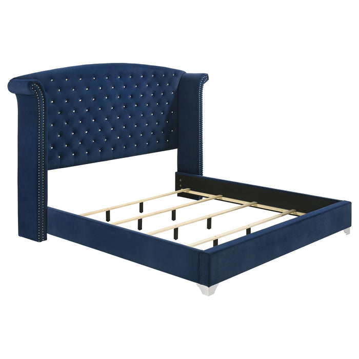 Pacific Blue Melody upholstered Eastern King wingback bed with tufted headboard and wooden legs, modern furniture for bedroom decor.
