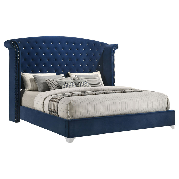 Eastern King Wingback Bed in Pacific Blue with upholstered headboard and winged sides, part of Melody collection by CoasterEveryday.