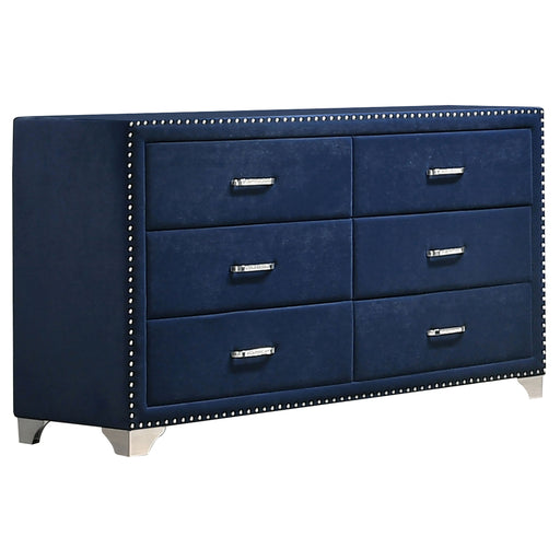Pacific Blue Melody 6-drawer upholstered dresser by CoasterEveryday, showing the fabric-covered furniture with six spacious drawers.