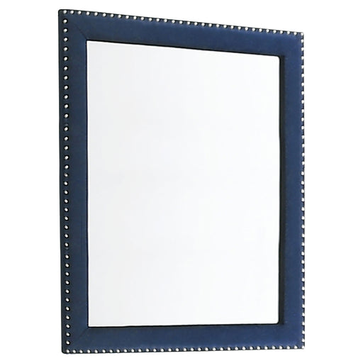 Pacific Blue Melody upholstered dresser mirror by CoasterEveryday, featuring a rectangular frame with soft fabric upholstery.