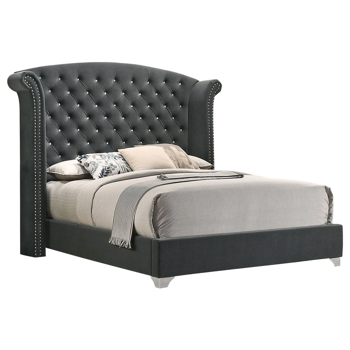 Gray Melody 5-piece Eastern King bedroom set by CoasterEveryday, featuring a bed frame with matching nightstands and dresser.