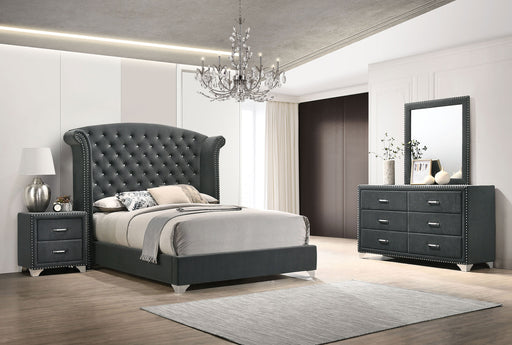 Grey Melody 4-piece California King bedroom furniture set by CoasterEveryday, including bed frame, nightstands, and dresser.