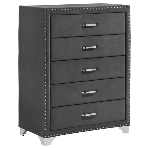Grey Melody 5-drawer bedroom chest by CoasterEveryday, showing the sleek furniture with five spacious drawers.