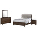 Welsley 4-piece Eastern King bedroom set by CoasterEveryday featuring walnut-finished bed frame, nightstands, and dresser.