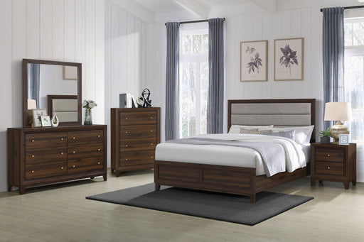 Welsley 5-piece Eastern King bedroom set by CoasterEveryday, featuring walnut-finished furniture including a bed, nightstands, and dresser.