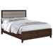 Welsley 50-inch upholstered Eastern King bed in walnut finish with padded headboard and sleek wooden frame, showcased in a modern bedroom setting.