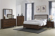 Walnut Welsley 50-inch upholstered Eastern King bed with padded headboard and wooden bed frame, modern furniture by CoasterEveryday.