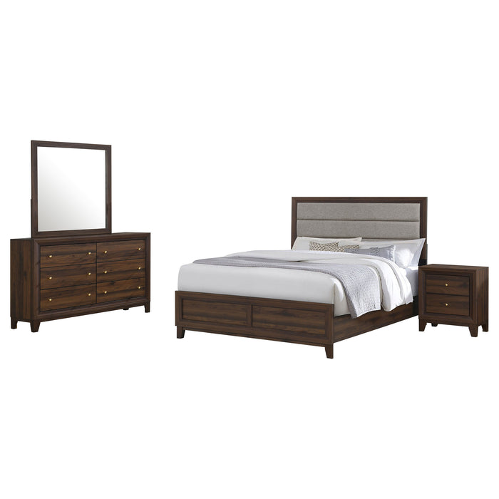 Welsley 4-piece California King walnut bedroom set by CoasterEveryday, includes bed frame, nightstands, and dresser with sleek finish.