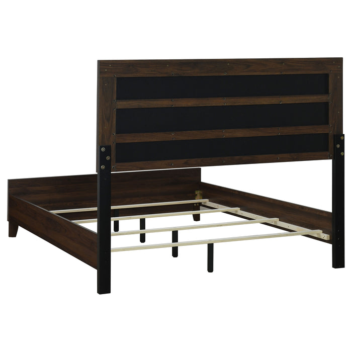 Welsley 4-piece California King bedroom furniture set in walnut finish, includes bed frame, nightstands, and dresser with modern design.