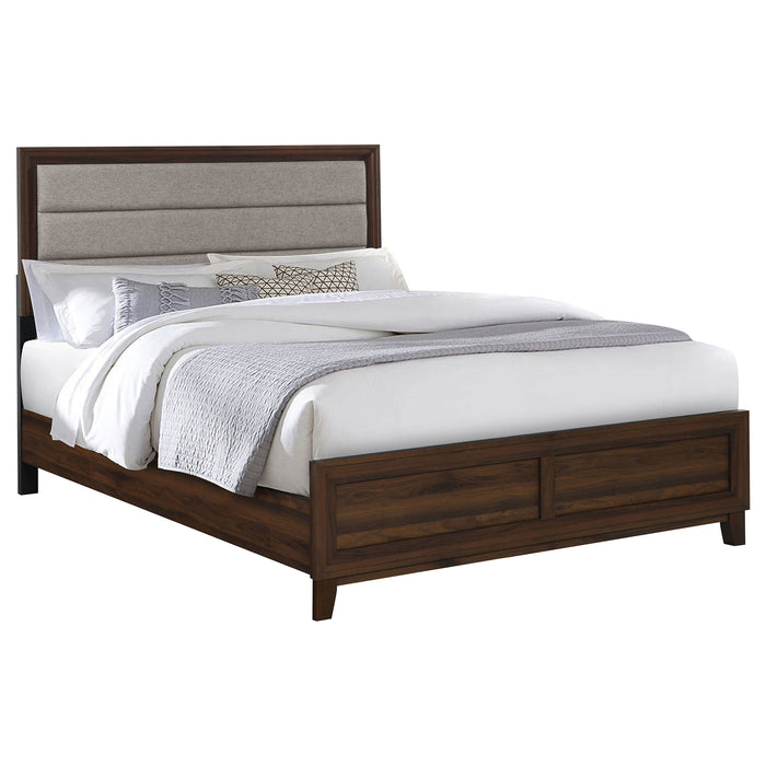 Walnut upholstered California King bed from Welsley collection, modern furniture with padded headboard and sturdy frame.