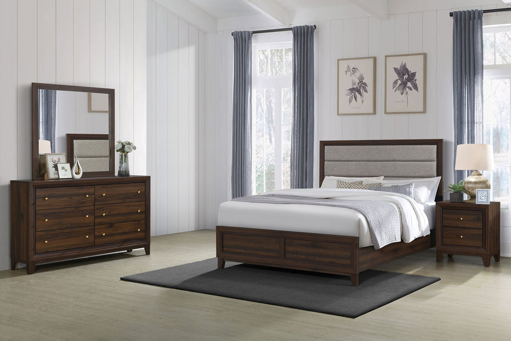 Welsley 4-piece Queen Bedroom Set by CoasterEveryday featuring walnut finish, includes bed frame, nightstands, and dresser.