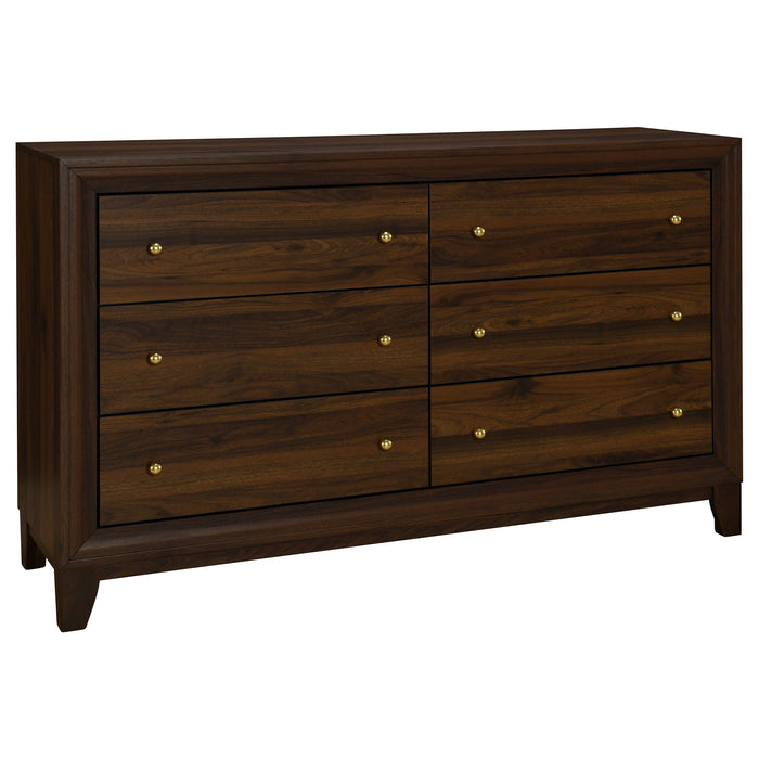 Welsley 4-piece Queen bedroom set by CoasterEveryday featuring walnut finish, includes bed frame, nightstands, and dresser.