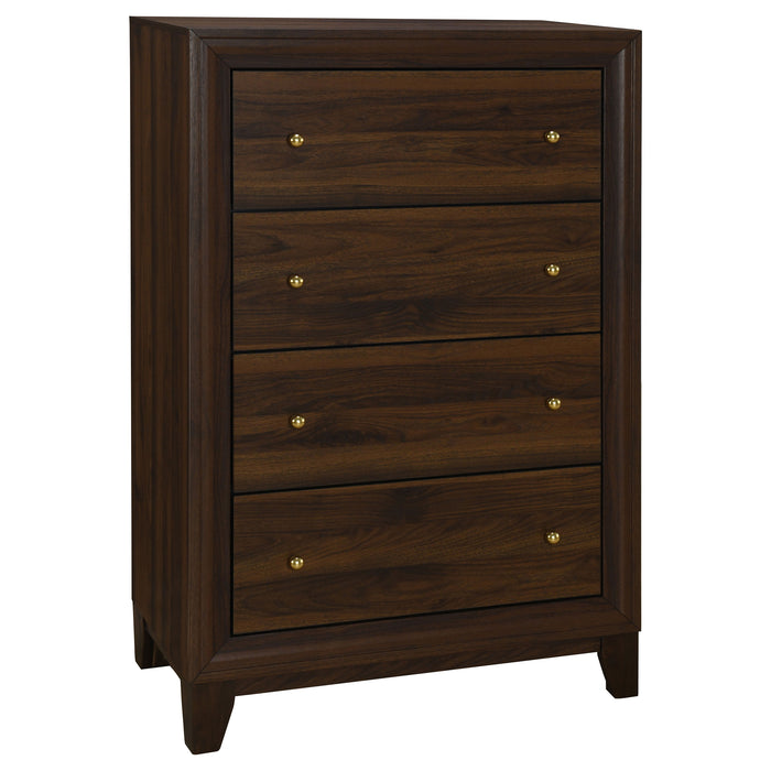 Welsley 5-piece Queen bedroom set in walnut finish, including bed frame, nightstands, dresser, and mirror, by CoasterEveryday.
